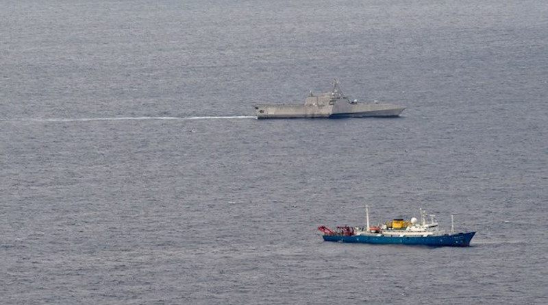 The USS Gabrielle Giffords (top) conducts operations near the Chinese vessel Hai Yang Di Zhi 4 Hao I (below) in the South China Sea, July 1, 2020. Photo Courtesy of U.S. Navy