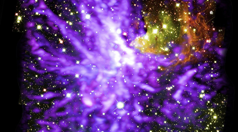 Image of star cluster G286.21+0.17, caught in the act of formation. This is a multiwavelength mosaic of more than 750 ALMA radio images, and 9 Hubble infrared images. ALMA shows molecular clouds (purple) and Hubble shows stars and glowing dust (yellow and red). CREDIT: ALMA (ESO/NAOJ/NRAO), Y. Cheng et al.; NRAO/AUI/NSF, S. Dagnello; NASA/ESA Hubble.
