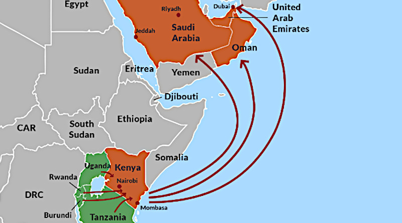 Human trafficking routes from East Africa to the Middle East. Credit: ISS Today