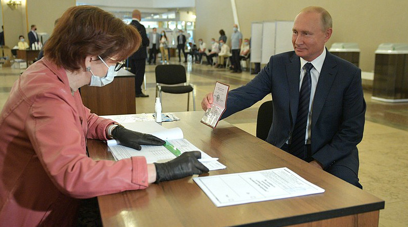 Russia's President Vladimir Putin during the nationwide vote on amendments to the Constitution at the polling station No. 2151 located on the premises of the Russian Academy of Sciences. Photo Credit: Kremlin.ru
