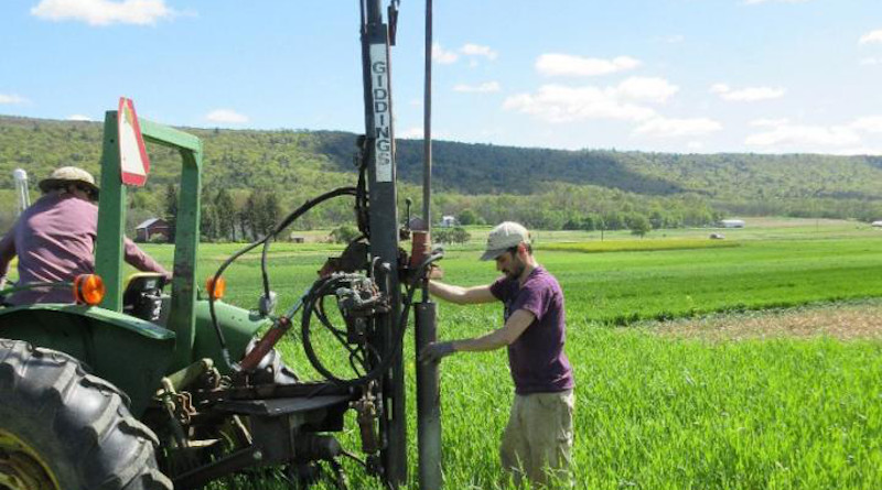 Lead researcher Joseph Amsili taking core samples of cover crops at the Russell E. Larson Agricultural Research Center. The study revealed that cover crop mixtures increased total carbon inputs to soil because they simultaneously had high root and shoot inputs and they promoted higher carbon inputs from residues left by the following corn cash crop. CREDIT: Jason Kaye Research Group, Penn State