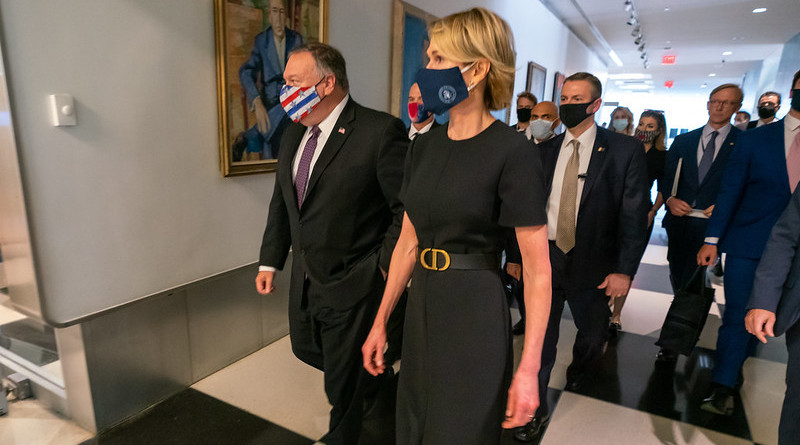 Secretary of State Michael R. Pompeo, with U.S. Ambassador to the United Nations Kelly Craft, prepares to meet with UN Security Council President Dian Triansyah Djani at United Nations Headquarters in New York, New York, on August 20, 2020. [State Department photo by Ron Przysucha/ Public Domain]