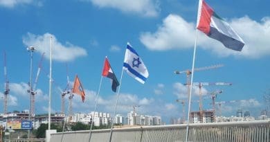 Flags of Israel and the United Arab Emirates (UAE), together with the flag of Netanya, flown on Netanya's "Peace Bridge" over Highway 2, Netanya, Israel. Photo Credit: TaBaZzz, Wikipedia Commons