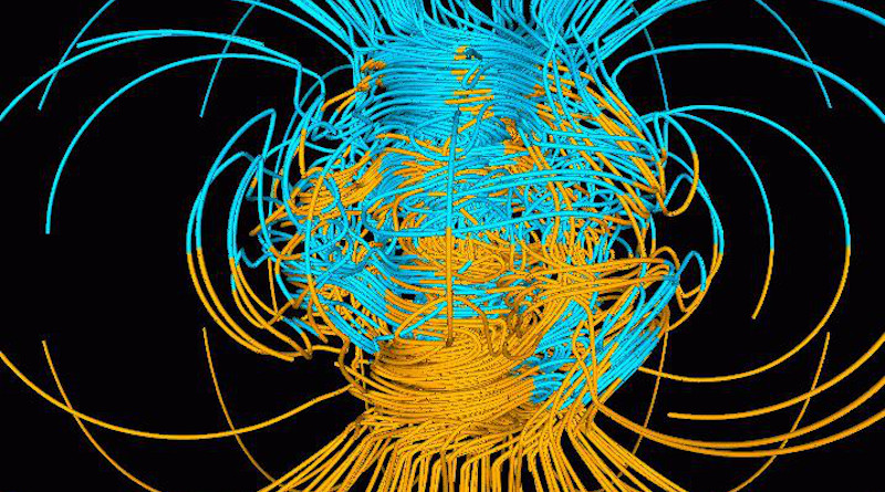 A computer simulation of the Earth's magnetic field, which is generated by heat transfer in the Earth's core. CREDIT: NASA/ Gary A.Glatzmaier