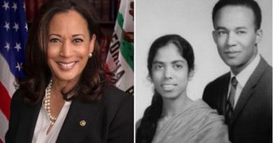 Collage of pictures (left) of Senator Kamala Harris, official US Senate photo (Source: Wikimedia) and (right) her parents, Shyamala Gopalan and Donald Harris. (Source: San Jose Mercury News via IDN).