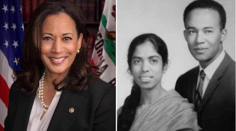 Collage of pictures (left) of Senator Kamala Harris, official US Senate photo (Source: Wikimedia) and (right) her parents, Shyamala Gopalan and Donald Harris. (Source: San Jose Mercury News via IDN).