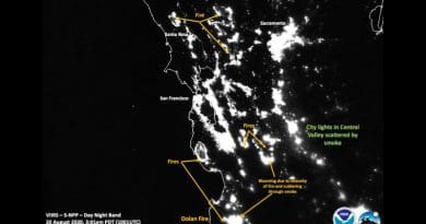 NOAA-NASA's Suomi NPP was able to image this nighttime image of the California fires on Aug. 20, 2020. This image does not have the Visible Fire Product active showing the outline of the fires. City lights are scattered in this image by smoke. Fires are noted. Credits: NOAA/NASA/William Straka U of W-Madison/CIMSS/SSEC