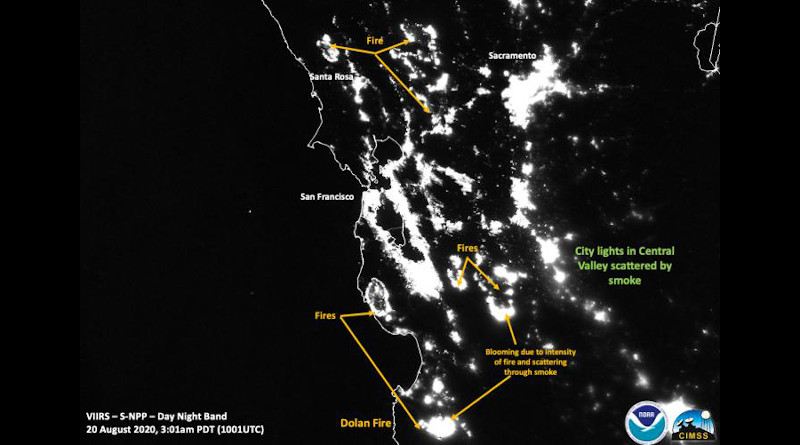 NOAA-NASA's Suomi NPP was able to image this nighttime image of the California fires on Aug. 20, 2020. This image does not have the Visible Fire Product active showing the outline of the fires. City lights are scattered in this image by smoke. Fires are noted. Credits: NOAA/NASA/William Straka U of W-Madison/CIMSS/SSEC