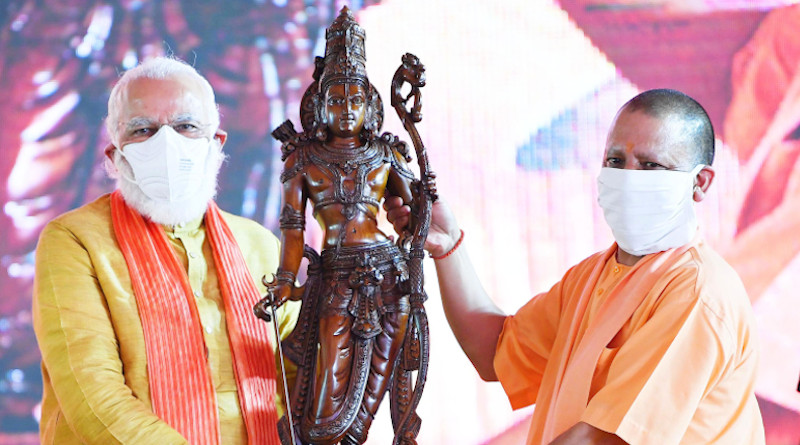 India's Prime Minister Narendra Modi at the foundation stone laying ceremony of Shree Ram Janmabhoomi Mandir, in Ayodhya, Uttar Pradesh on August 05, 2020. The Chief Minister of Uttar Pradesh, Yogi Adityanath is also seen. Photo Credit: India PM Office