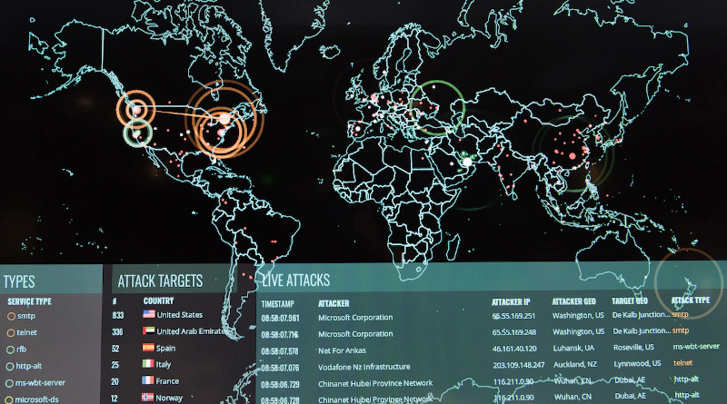 Real-time cyberattacks are displayed on screen at the 275th Cyberspace Squadron's operations floor, Middle River, Md., Dec. 2, 2017. Photo Credit: J.M. Eddins Jr., Air Force