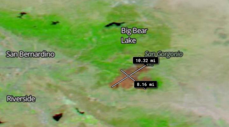 The measurement tool on the Worldview app was used to show the size of the burn scar. Using the tool, the scar was measured to be approximately 10.32 miles long and 8.16 miles wide. CREDIT: NASA Worldview