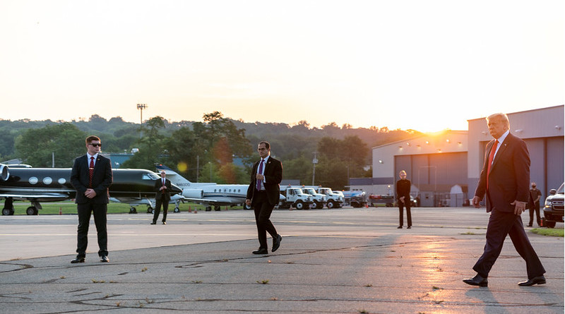 President Donald J. Trump speaks to the press prior to boarding Air Force One at Morristown Municipal Airport Sunday, Aug. 9, 2020, en route to Joint Base Andrews, Md. (Official White House Photo by Shealah Craighead)