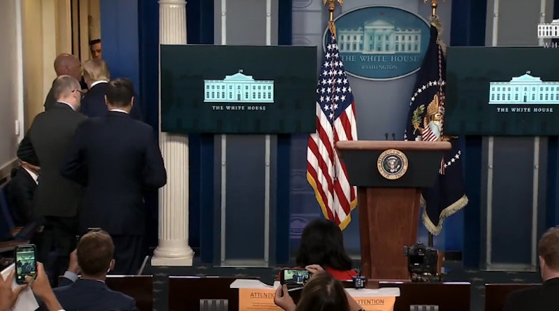 US President Donald Trump being led out of Press Briefing following reports of shots fired near the White House. Photo Credit: Screenshot White House Video