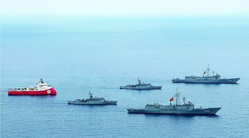 The seismic survey vessel Oruç Reis [L] escorted by Turkish navy ships. Official Turkish photo, Twitter