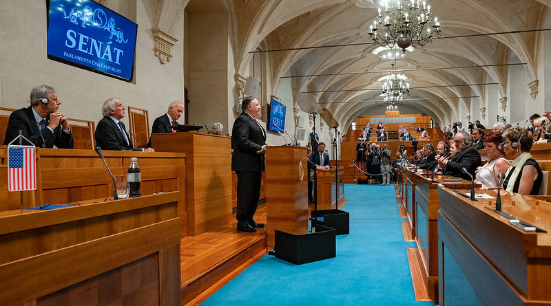 Secretary of State Michael R. Pompeo delivers a speech on “Securing Freedom in the Heart of Europe” and participates in a question and answer session at the Czech Senate, in Prague, Czech Republic, on August 12, 2020. [State Department photo by Ron Przysucha/ Public Domain]