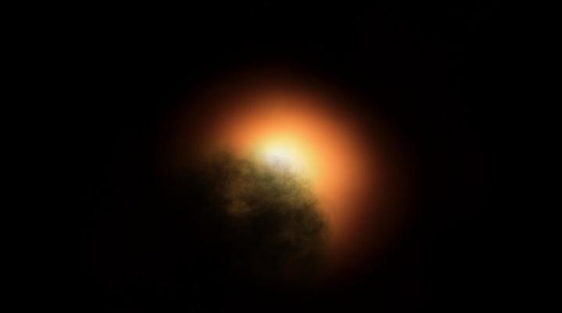 New observations by the NASA/ESA Hubble Space Telescope suggest that the unexpected dimming of the supergiant star Betelgeuse was most likely caused by an immense amount of hot material that was ejected into space, forming a dust cloud that blocked starlight coming from the star's surface. This artist's impression was generated using an image of Betelgeuse from late 2019 taken with the SPHERE instrument on the European Southern Observatory's Very Large Telescope. CREDIT: ESO, ESA/Hubble, M. Kornmesser