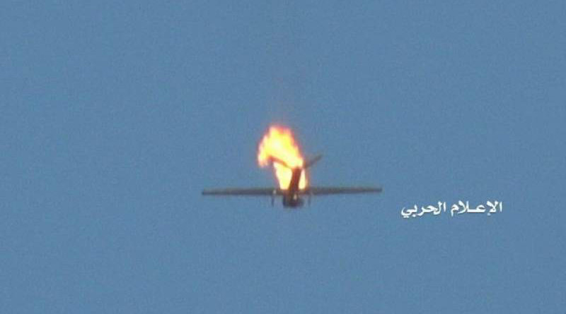Houthis say they have downed a small US RQ20 spy drone over the Jizan region. Photo Credit: al-Masirah
