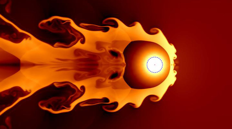 A team of researchers led by professor Brian Fields hypothesizes that a supernova about 65 light-years away may have contributed to the ozone depletion and subsequent mass extinction of the late Devonian Period, 359 million years ago. Pictured is a simulation of a nearby supernova colliding with and compressing the solar wind. Earth's orbit, the blue dashed circle, and the Sun, red dot, are shown for scale. CREDIT: Graphic courtesy Jesse Miller