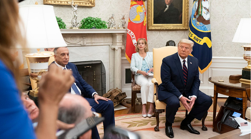 President Donald J. Trump talks and takes questions from members of the press during a bilateral meeting with Prime Minister Mustafa Al-Kadhimi of the Republic Iraq Thursday, Aug. 20, 2020, in the Oval Office of the White House. (Official White House Photo by Shealah Craighead)