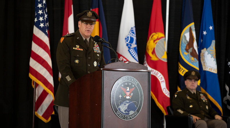 Army Gen. James H. Dickinson, newly appointed commander of U.S. Space Command, addresses attendees during the change-of-command ceremony at Peterson Air Force Base, Colo. Aug. 20, 2020. Photo Credit: Lewis Carlyle, DOD