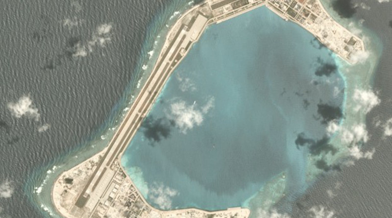 A satellite image shows Subi Reef, one of China’s four main bases and artificial islands in the South China Sea, July 3, 2020. Credit: Planet Labs Inc. via Benar News