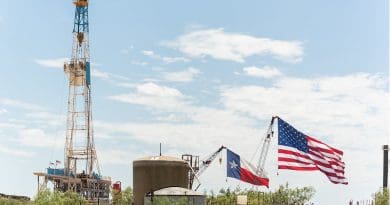 U.S. and Texas flags fly above the stage area where President Donald J. Trump delivered his remarks on restoring energy dominance in the Permian Basin prior to signing presidential permits Wednesday, July 29, 2020, at the Double Eagle Oil Rig in Midland, Texas. (Official White House Photo by Shealah Craighead)