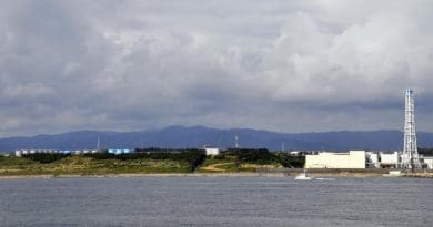 Some of the more than 1,000 tanks holding treated and untreated wastewater from the Fukushima Dai-ichi Nuclear Power Plant visible at left in this photo of the power plant site from 2013. CREDIT: Photo by Ken Buesseler, ©Woods Hole Oceanographic Institution