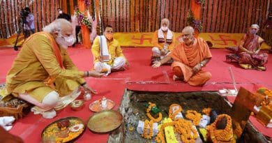 India's Prime Minister Narendra Modi performing Bhoomi Pujan or the groundbreaking ceremony for Ram Mandir, in Ayodhya, Uttar Pradesh on August 5, 2020. Photo Credit: India PM Office