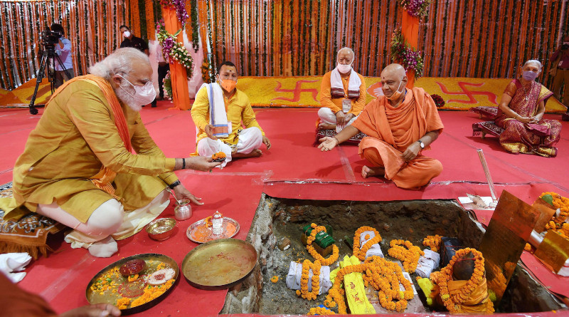 India's Prime Minister Narendra Modi performing Bhoomi Pujan or the groundbreaking ceremony for Ram Mandir, in Ayodhya, Uttar Pradesh on August 5, 2020. Photo Credit: India PM Office