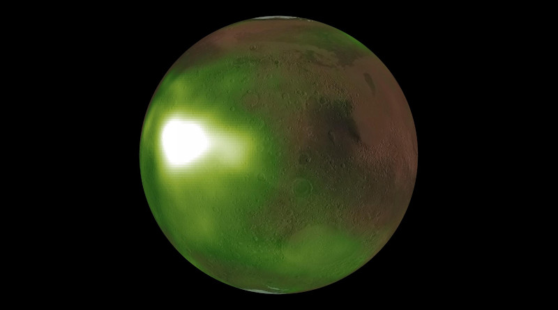 This is an image of the ultraviolet "nightglow" in the Martian atmosphere. Green and white false colors represent the intensity of ultraviolet light, with white being the brightest. The nightglow was measured at about 70 kilometers (approximately 40 miles) altitude by the Imaging UltraViolet Spectrograph instrument on NASA's MAVEN spacecraft. A simulated view of the Mars globe is added digitally for context. The image shows an intense brightening in Mars' nightside atmosphere. The brightenings occur regularly after sunset on Martian evenings during fall and winter seasons, and fade by midnight. The brightening is caused by increased downwards winds which enhance the chemical reaction creating nitric oxide which causes the glow. Credits: NASA/MAVEN/Goddard Space Flight Center/CU/LASP