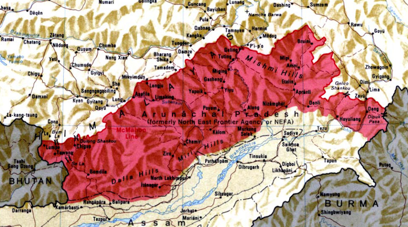 The McMahon Line forms the northern boundary of Arunachal Pradesh (shown in red) in the eastern Himalayas administered by India but claimed by China. Credit: CIA, Wikipedia Commons