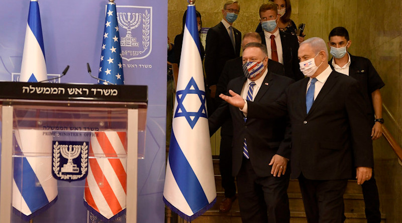 Secretary of State Michael R. Pompeo and Israeli Prime Minister Benjamin Netanyahu prepare to deliver statements to the press at the Israeli Prime Minister’s Office in Jerusalem, Israel, on August 24, 2020. [U.S. Embassy Jerusalem photo by Matty Stern/ Public Domain]