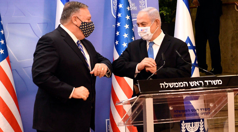 Secretary of State Michael R. Pompeo and Israeli Prime Minister Benjamin Netanyahu deliver statements to the press at the Israeli Prime Minister’s Office in Jerusalem, Israel, on August 24, 2020. [U.S. Embassy Jerusalem photo by Matty Stern/ Public Domain]