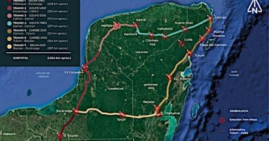 A map of the Mayan Train’s route through the Yucatan Peninsula in Mexico. Construction began in May and it is expected to begin operating in 2023. CREDIT: Fondo Nacional de Fomento al Turismo (Fonatur)