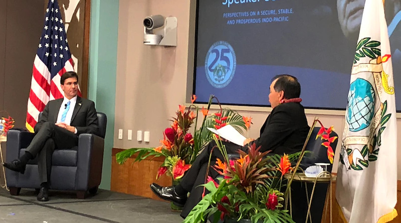 Defense Secretary Dr. Mark T. Esper discusses a free and open Indo-Pacific during a talk at the Asia Pacific Center for Security Studies in Honolulu, Aug. 27, 2020. Photo Credit: Jim Garamone, DOD