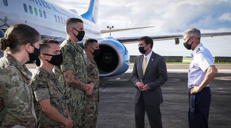 Defense Secretary Dr. Mark T. Esper arrives at Andersen Air Force Base, Guam, to conduct a bilateral engagement with Japanese Defense Minister Taro Kono, Aug. 29, 2020. Photo Credit: Air Force Master Sgt. Richard P. Ebensberger