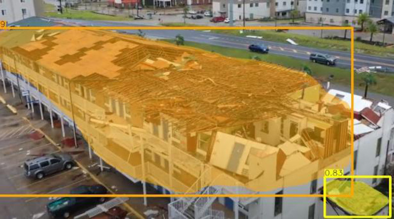 Drone video of damage from Hurricane Laura in Lake Charles, LA, was processed automatically by a Carnegie Mellon University system. Areas bounded in orange are considered severely damaged, while those in yellow are slightly damaged. CREDIT: Carnegie Mellon University
