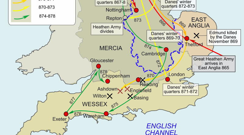 Detail of map of the route taken by the Viking Great Heathen Army which arrived in England from Denmark, Norway, and southern Sweden in 865. Credit: Wikipedia Commons