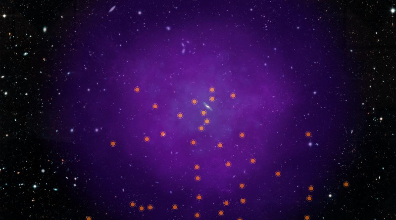This illustration shows the location of the 43 quasars scientists used to probe Andromeda's gaseous halo. These quasars--the very distant, brilliant cores of active galaxies powered by black holes--are scattered far behind the halo, allowing scientists to probe multiple regions. Looking through the immense halo at the quasars' light, the team observed how this light is absorbed by the halo and how that absorption changes in different regions. By tracing the absorption of light coming from the background quasars, scientists are able to probe the halo's material. CREDIT: NASA, ESA, and E. Wheatley (STScI)