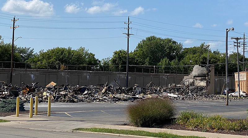 Ruins of the Kenosha, Wisconsin Community Corrections Division building that burned down on August 24, 2020. Photo Credit: Lightburst, Wikipedia Commons.