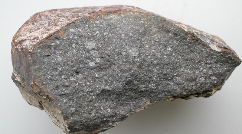 An approximately 10-centimetre long piece of the Sahara 97096 meteorite, one of the enstatite chondrites studied. Water concentrations of around 0.5% by mass were measured in it, and part of the hydrogen was found to be located in the chondrules (the white spheres visible in the photograph). Sample belonging to the French National Museum of Natural History (Paris). CREDIT: © Christine Fieni / Laurette Piani