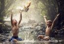 Malaysia Asia Children River Birds Splash Water Boys Animals