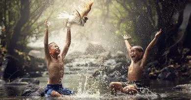 Malaysia Asia Children River Birds Splash Water Boys Animals