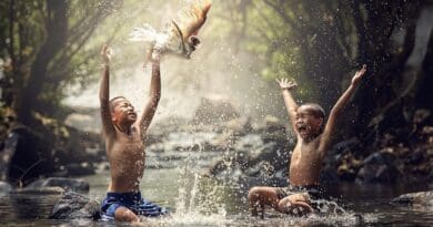 Malaysia Asia Children River Birds Splash Water Boys Animals