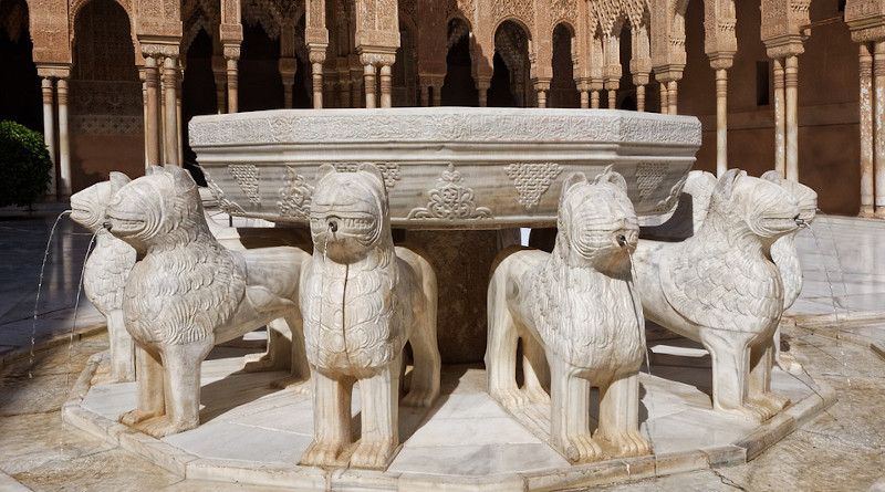 Spain Lion Fountain Alhambra Building Antique Granada