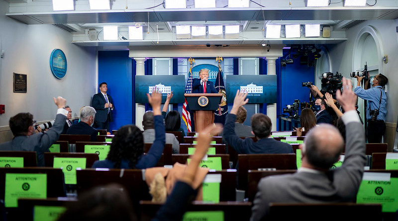 President Donald J. Trump points to a reporter to take a question during a press conference Wednesday, Sept. 16, 2020, in the James S. Brady Press Briefing Room of the White House. (Official White House Photo by Tia Dufour)