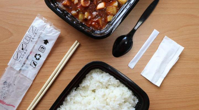 This is a typical Chinese meal that was ordered online and includes plastic tableware. CREDIT: Zhou et al