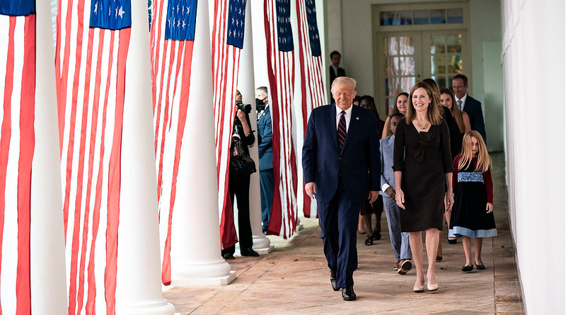 President Donald J. Trump walks with Judge Amy Coney Barrett, his nominee for Associate Justice of the Supreme Court of the United States, along the West Wing Colonnade on Saturday, September 26, 2020, following announcement ceremonies in the Rose Garden. (Official White House Photo by Shealah Craighead)