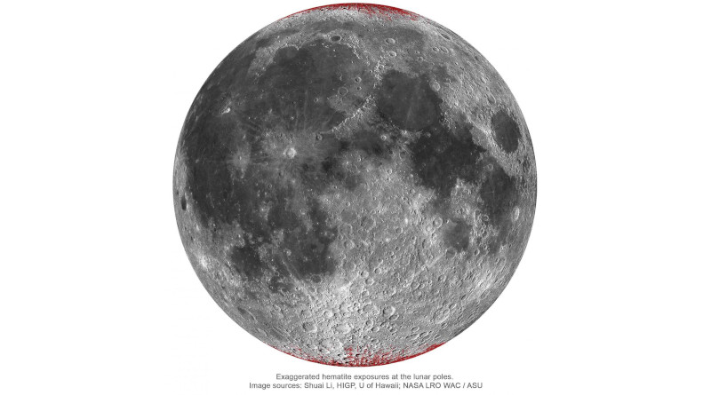 Enhanced map of hematite (red color) on Moon using a spheric projection (nearside only). CREDIT: Shuai Li