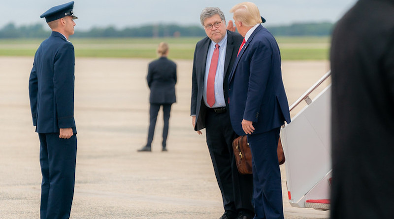 President Donald J. Trump, joined by U.S. Attorney William Barr, speak after disembarking Air Force One upon arrival to Joint Base Andrews, Md., Tuesday evening, Sept. 1, 2020, returning from their trip to Kenosha, Wis. (Official White House Photo by Shealah Craighead)